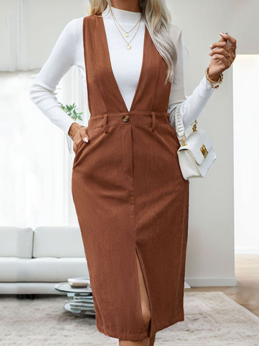 Slit Overall Dress with Pockets