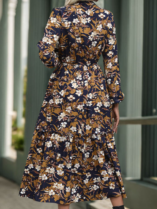 Printed Notched Long Sleeve Midi Dress