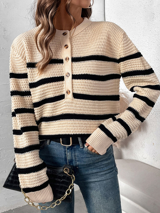 Striped Half Button Long Sleeve Sweater