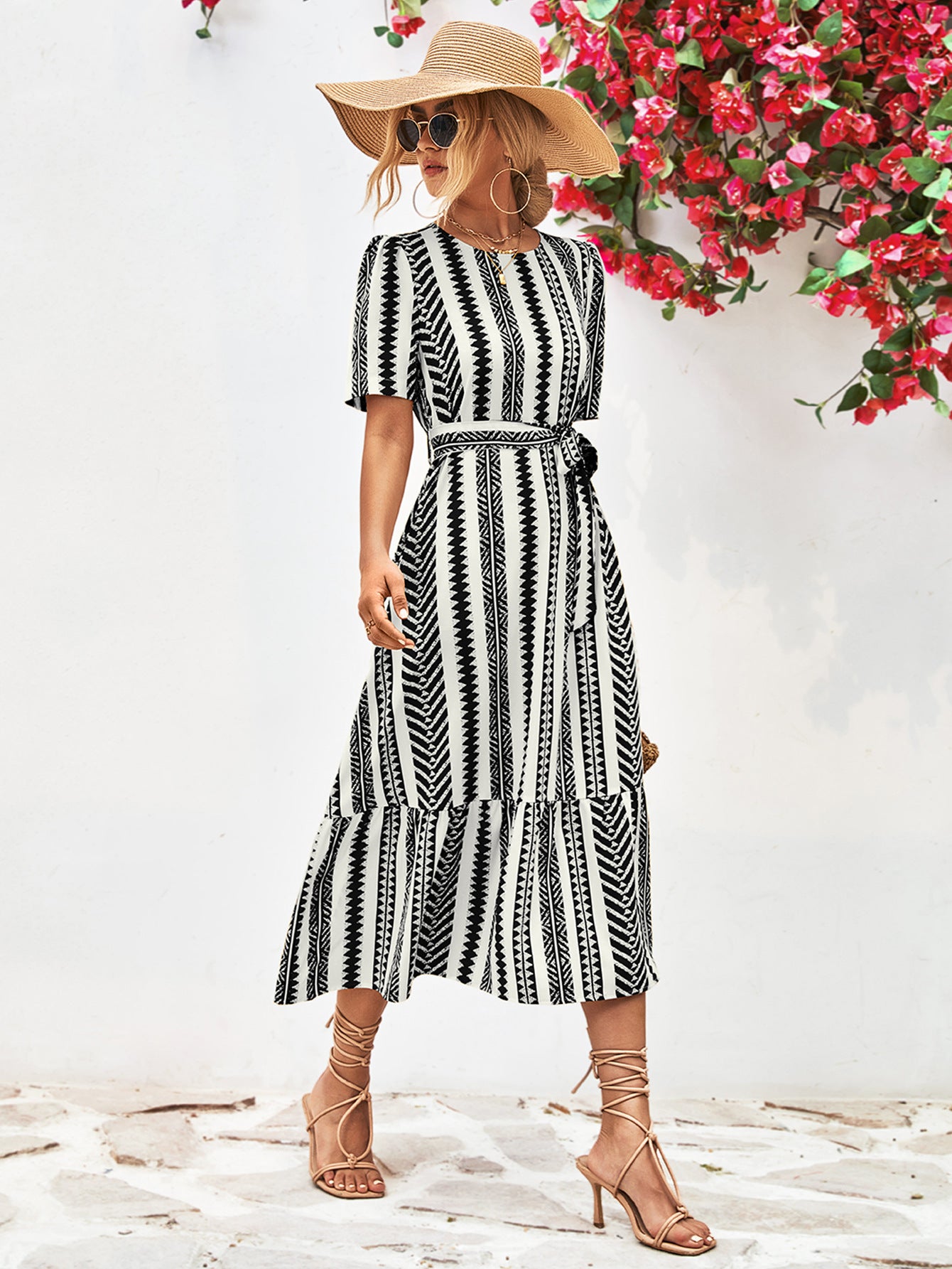 Striped Tie Belt Round Neck Puff Sleeve Dress