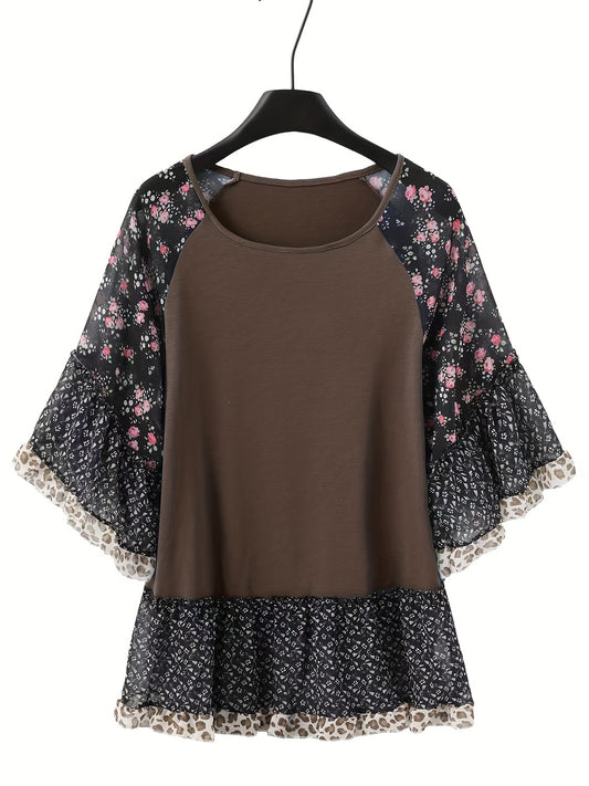 Full Size Frill Printed Round Neck Half Sleeve Blouse