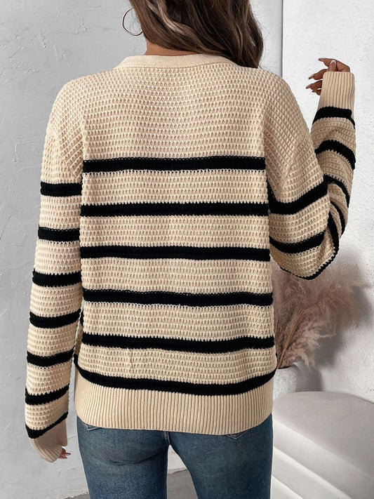 Striped Half Button Long Sleeve Sweater