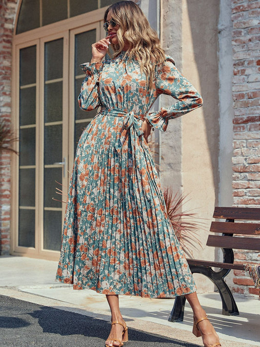 Tied Pleated Printed Mock Neck Long Sleeve Dress