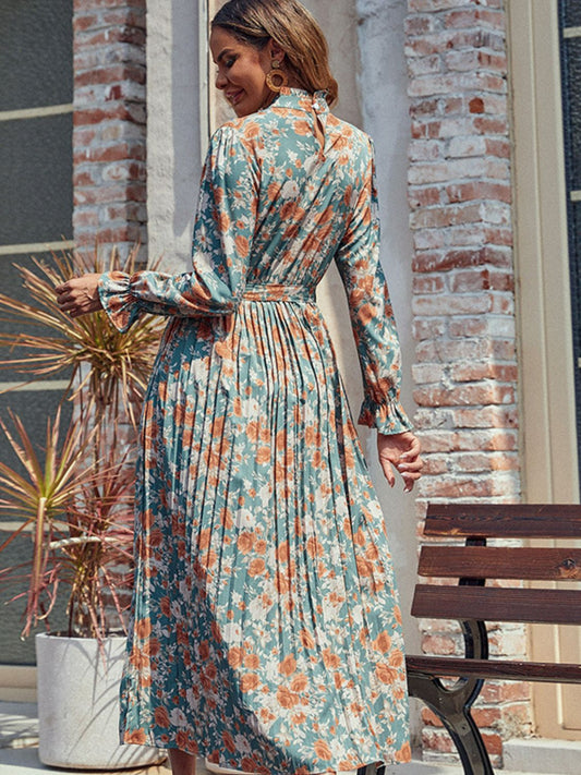 Tied Pleated Printed Mock Neck Long Sleeve Dress