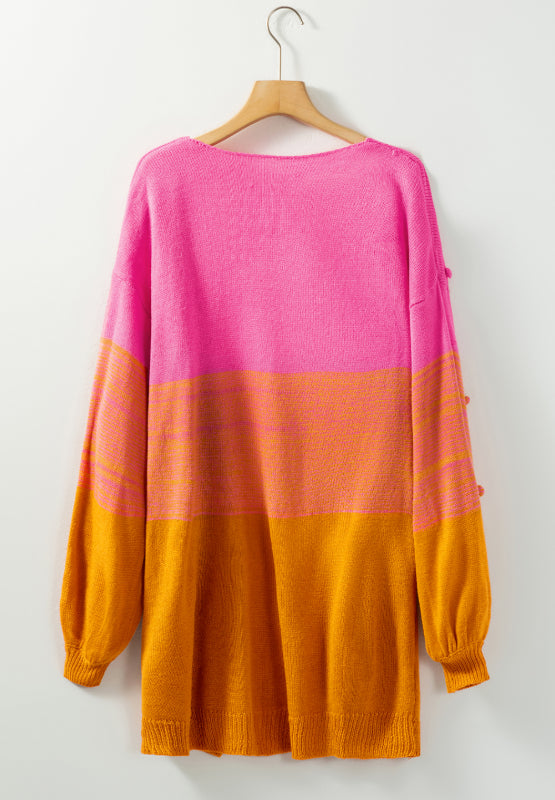 Pompom Color Block Open Front Cardigan