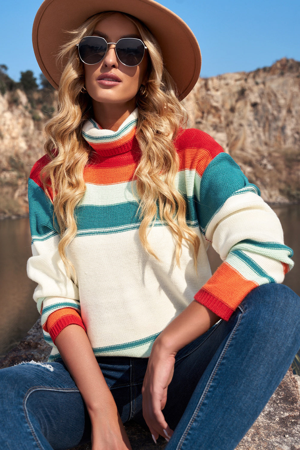 Contrast Striped Turtleneck Dropped Shoulder Sweater